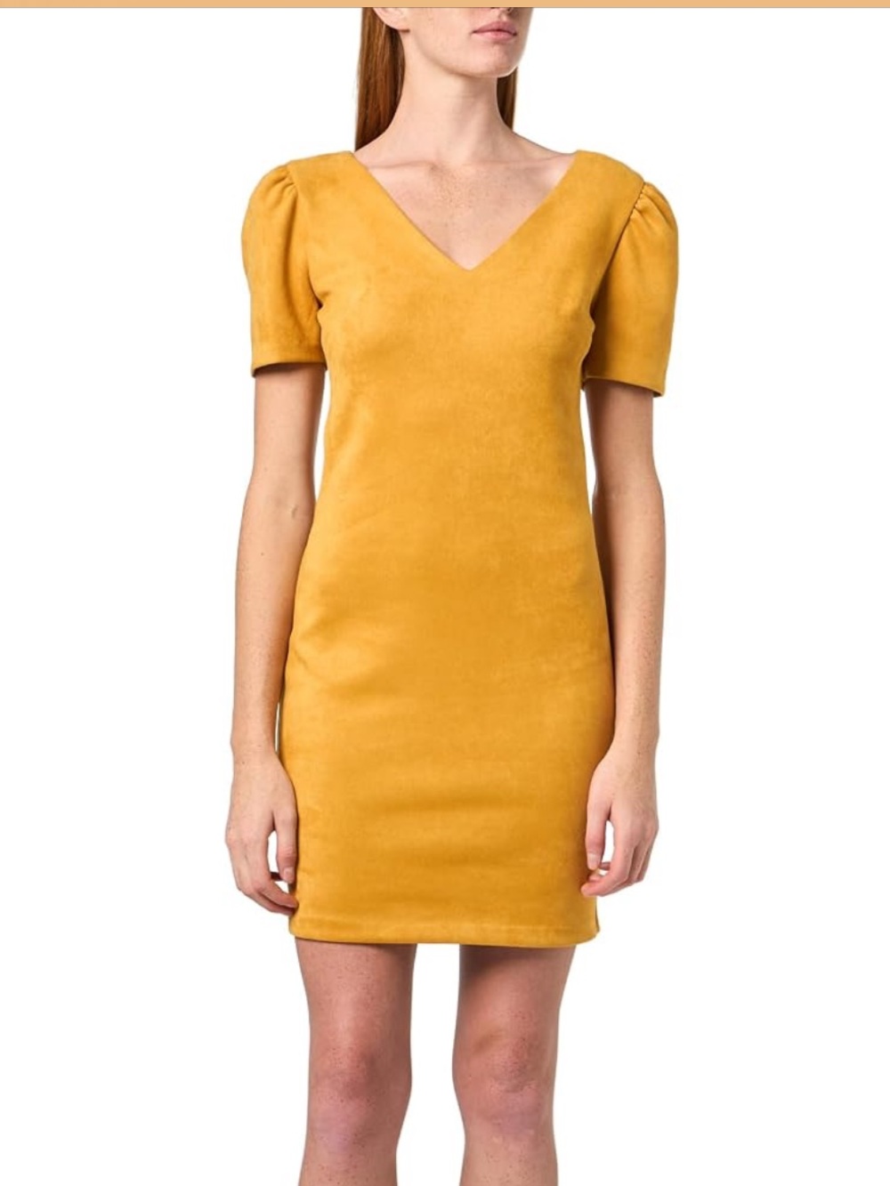NWT Kensie Women Short Puff Sleeve V-Neck Faux Suede Sheath Dress Mustard size 2